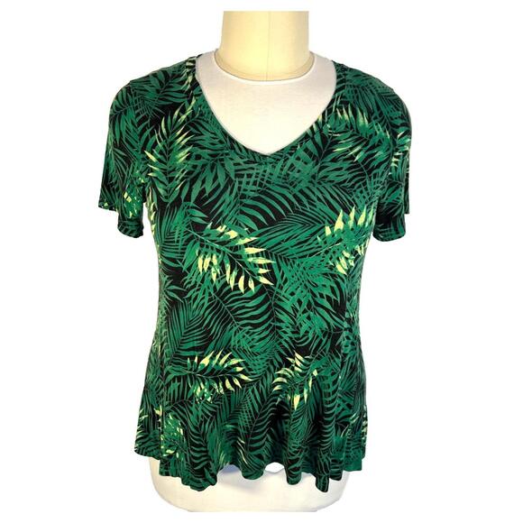 Tops - Popyoung - Women's XL Tee Shirt Stretch Green, Black Jungle Tropical Leaf Print